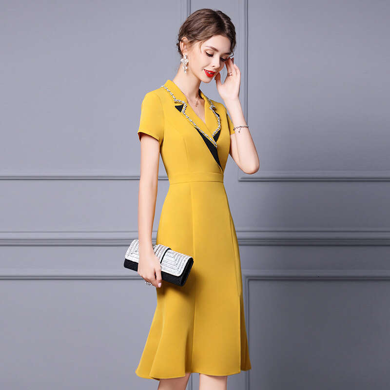 high-end summer dress suit collar nail diamond yellow waist slimming mid length fish tail skirt 2024 new style