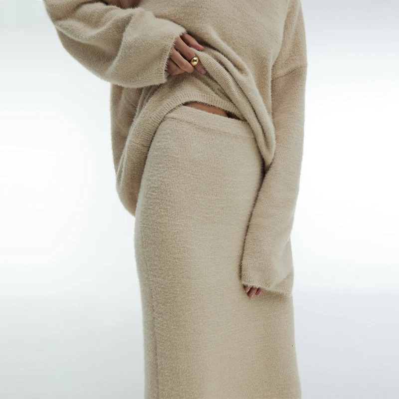 DGLUKE Elegant 2-piece Set suitable for womens V-neck Mohair sweaters and Maxi ski sets womens autumn and winter sets knitted matching sets 241011