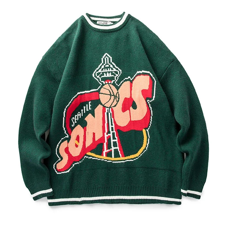 Retro Knitted Sweater Mens Green Letter Printed Striped Floral Womens Harajuku College Style Parachute Street Clothing Spring and Autumn 240930