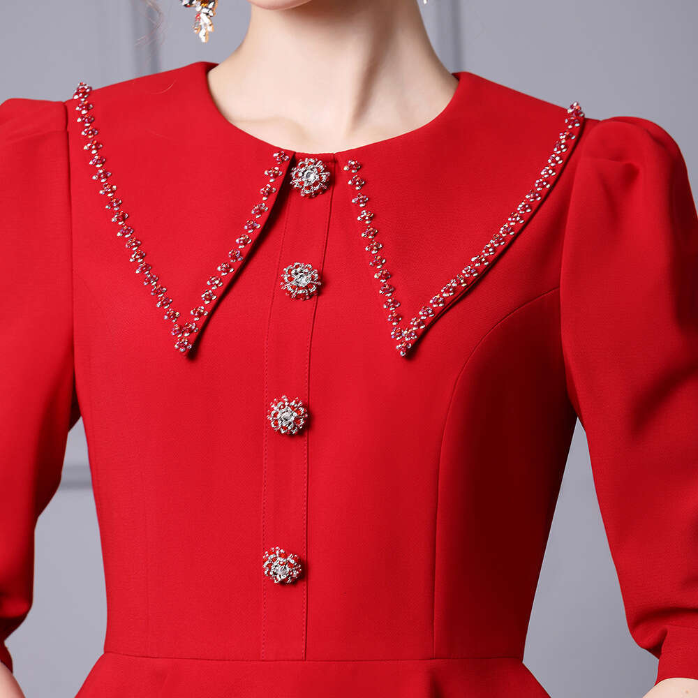 Smart elegant and dignified dress with nail drill large lapel ruffle edge splicing hip hugging skirt 2024 summer new item