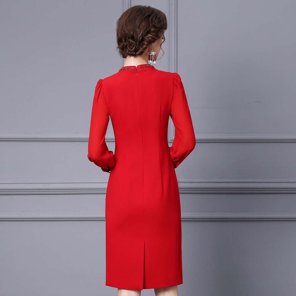 Red Dress Long Sleeve 2024 Autumn New Collection Exquisite Nail Bead Folded High Waist Look Slimming Bag Hip Skirt