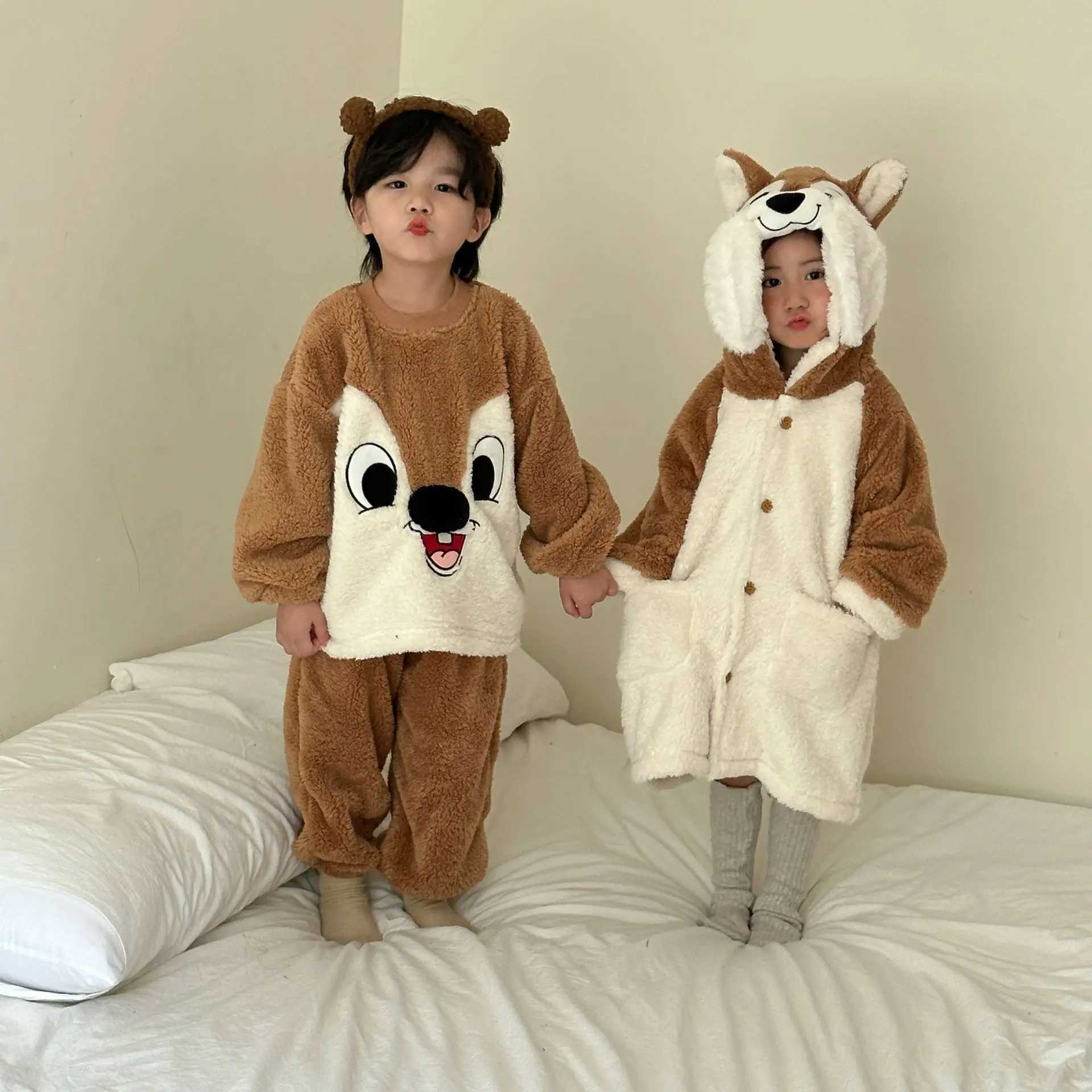 Pajamas Autumn Winter Childrens Boys Pajamas Long Haired Flannel Coral Childrens Girls Nightgowns 1-10 Years Baby 2PCS Home Clothes Set S2410127