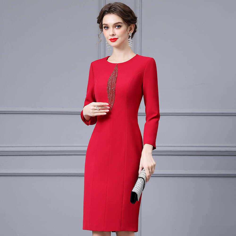 Red Heavy Industry Nail Bead Bag Hip Skirt 2024 Autumn New Style Light Luxury Temperament and Slimming Long Sleeve Dress