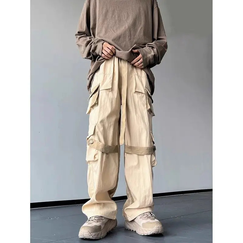 Spring and autumn solid color fashionable elastic waist cargo pants for womens high street casual loose pocket patch work button Y2K Trouser 241007