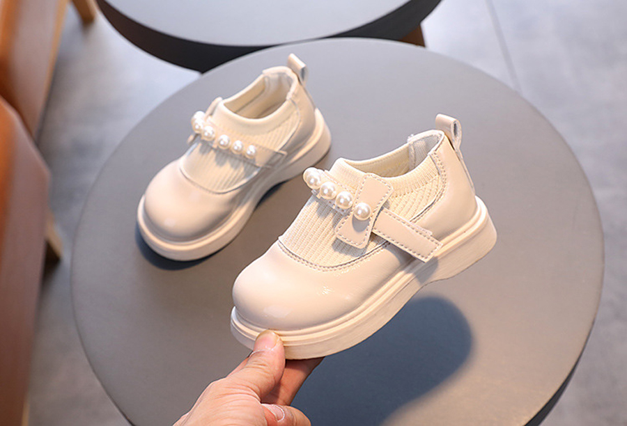 Children's Girl Baby Leather Shoes Pearl Beaded Fashion Princess Round Toe Heightening Cutefeet Casual Comfortable Student Shoes Sizes 21-30