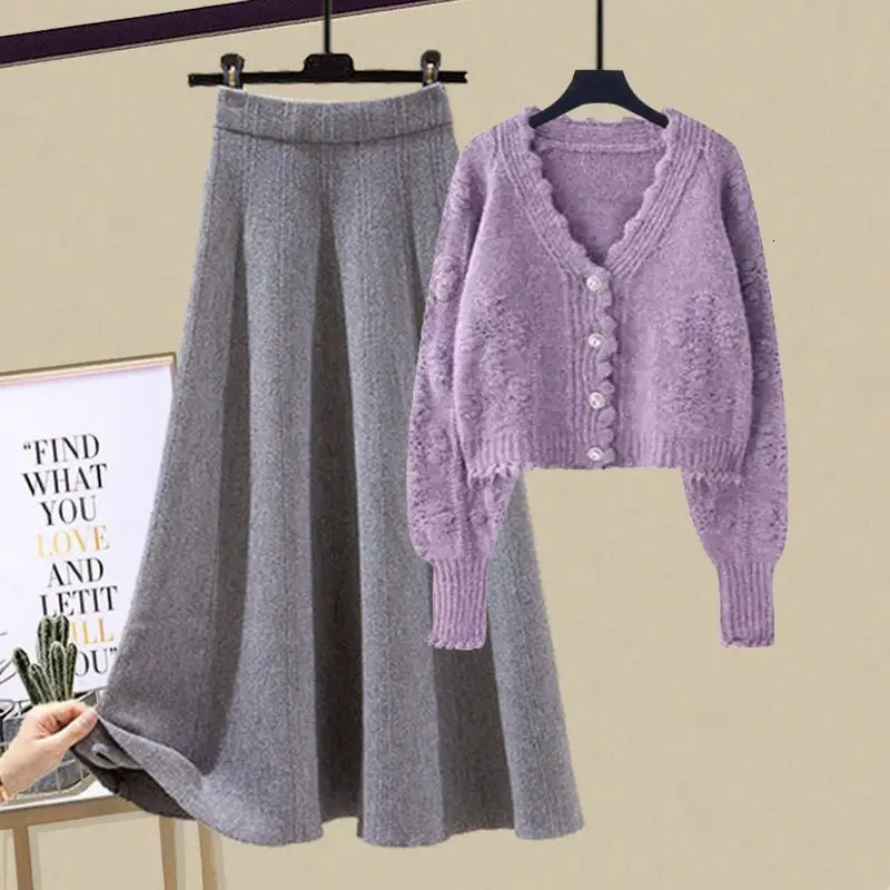 Autumn/Winter Womens Clothing Korean Edition Slim Knitted SweaterHalf Leather Two Piece Set Trendy 241011