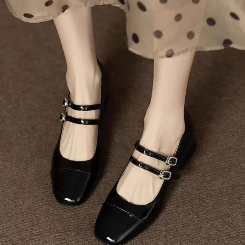 2024 Womens Shoes Square Toe Mary Jane Quality Double Buckle High Heel Fashion Ballet 240927
