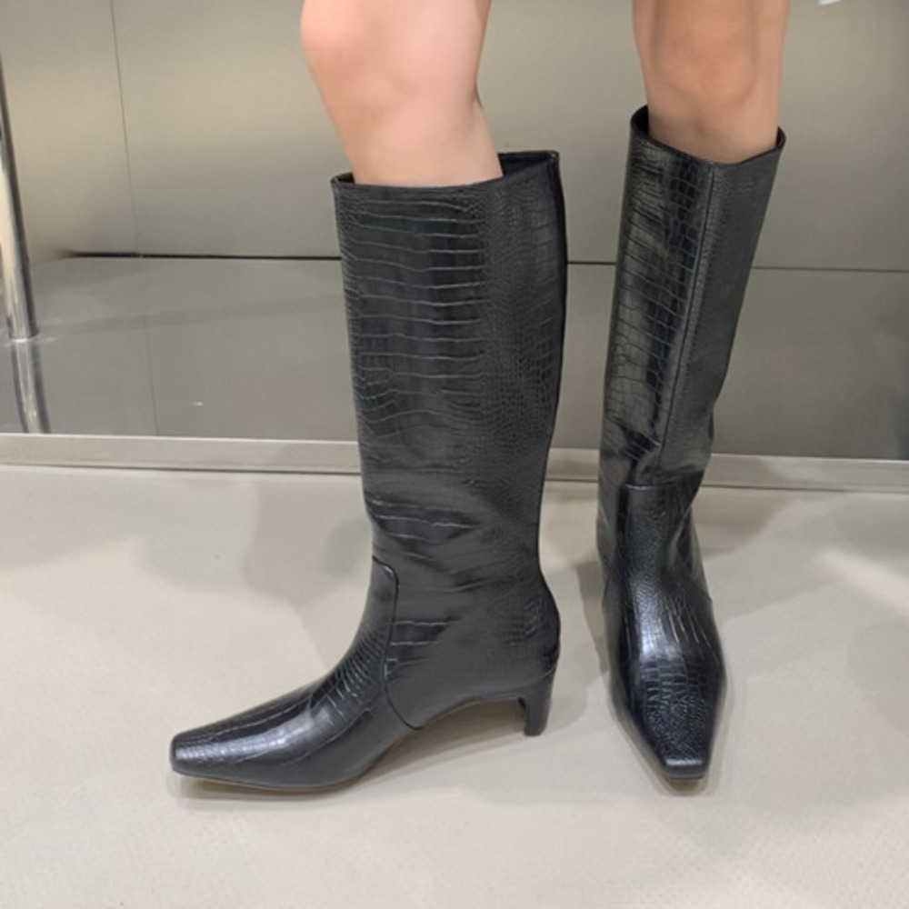 Crocodile Pattern Straight Leg Ankle Boots Thigh High Heel Boot Leather For Skinny Knights Knee Boots For Women Woman Shoes 240826