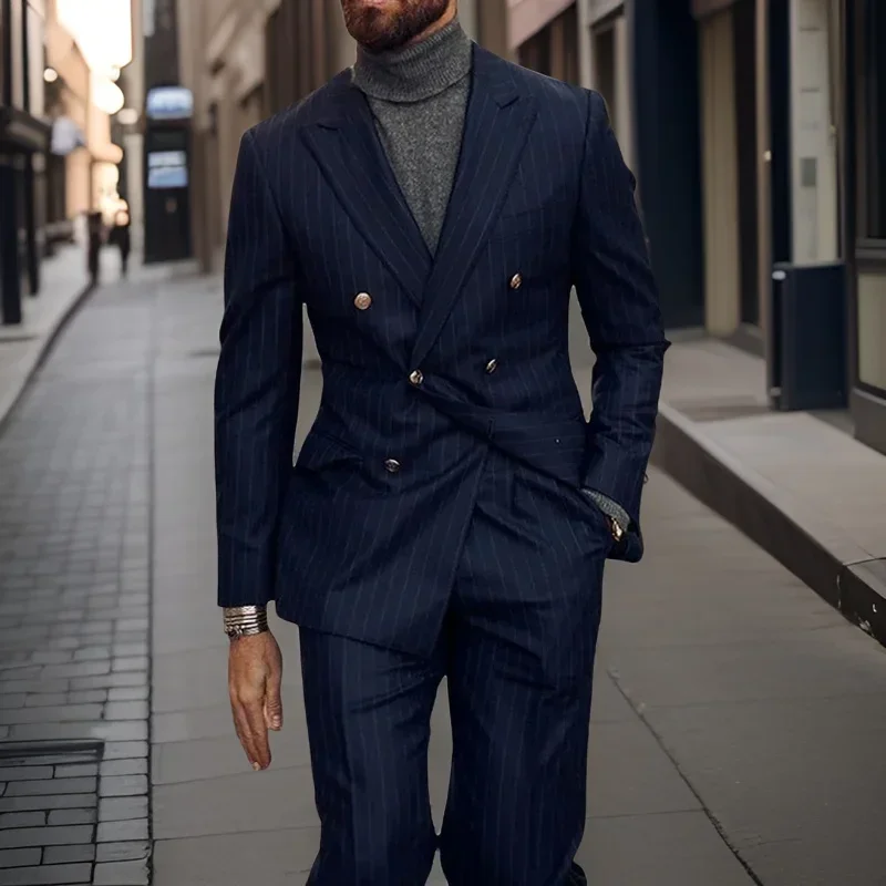 Stripe Men Suits Formal For Wedding Groom Tuxedo Double Breasted Business Slim Fit Fashion Costume (Jacket+Pants) 2024