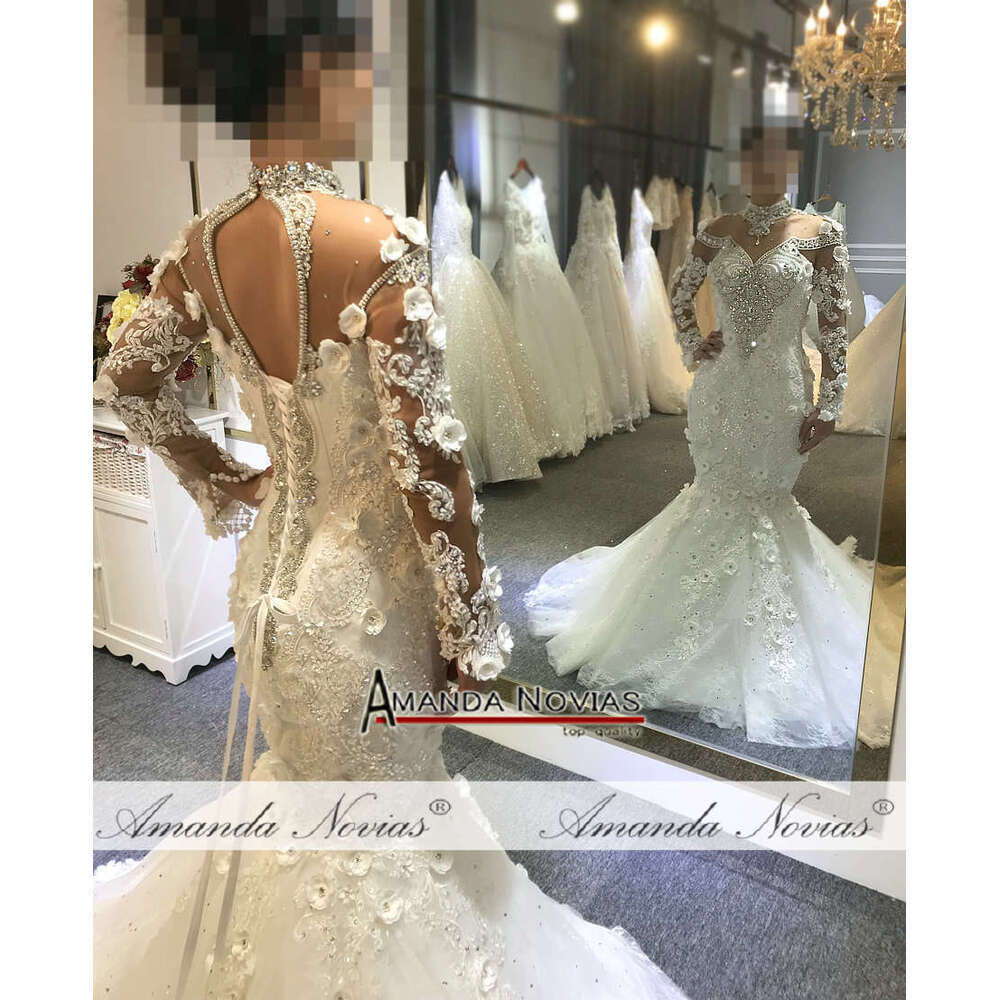 Amanda Novias Real Work Photos Wedding Full Beading Bridal Dress Mermaid Sleeves