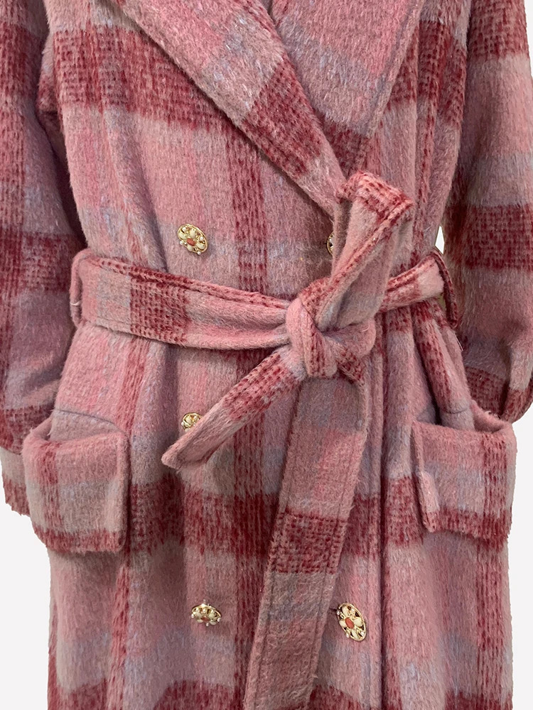 Nerazzurri Autumn Winter Long Oversized Colorful Thick Warm Soft Plaid Woolen Coat Women Double Breasted Wool blends Overcoat 240930