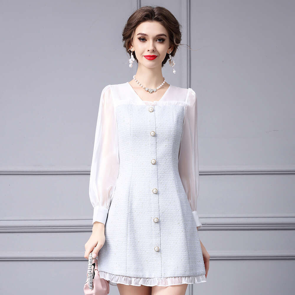 socialite lady style dress 2024 new V-neck bright silk long sleeved patchwork small chunky tweed skirt