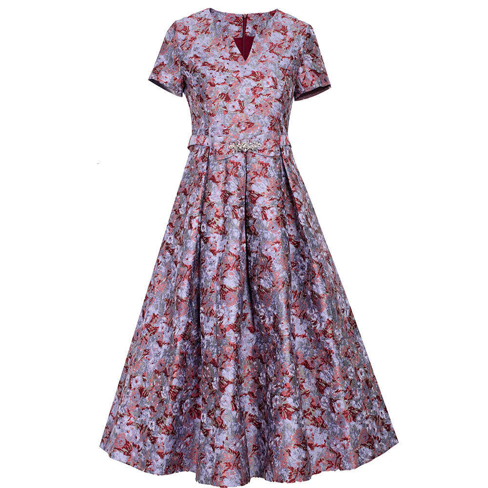 French elegant temperament V-neck jacquard fabric waist cinching slimming A-line printed dress 2024 autumn new item