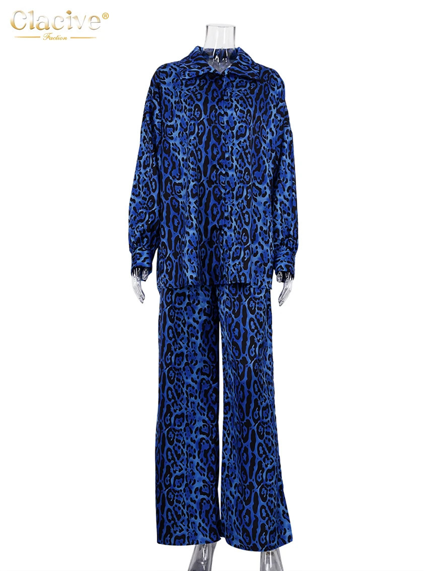 Clacive Fashion loose print womens two-piece dress elegant lapel long sleeved shirt high waisted pants set womens clothing 241010