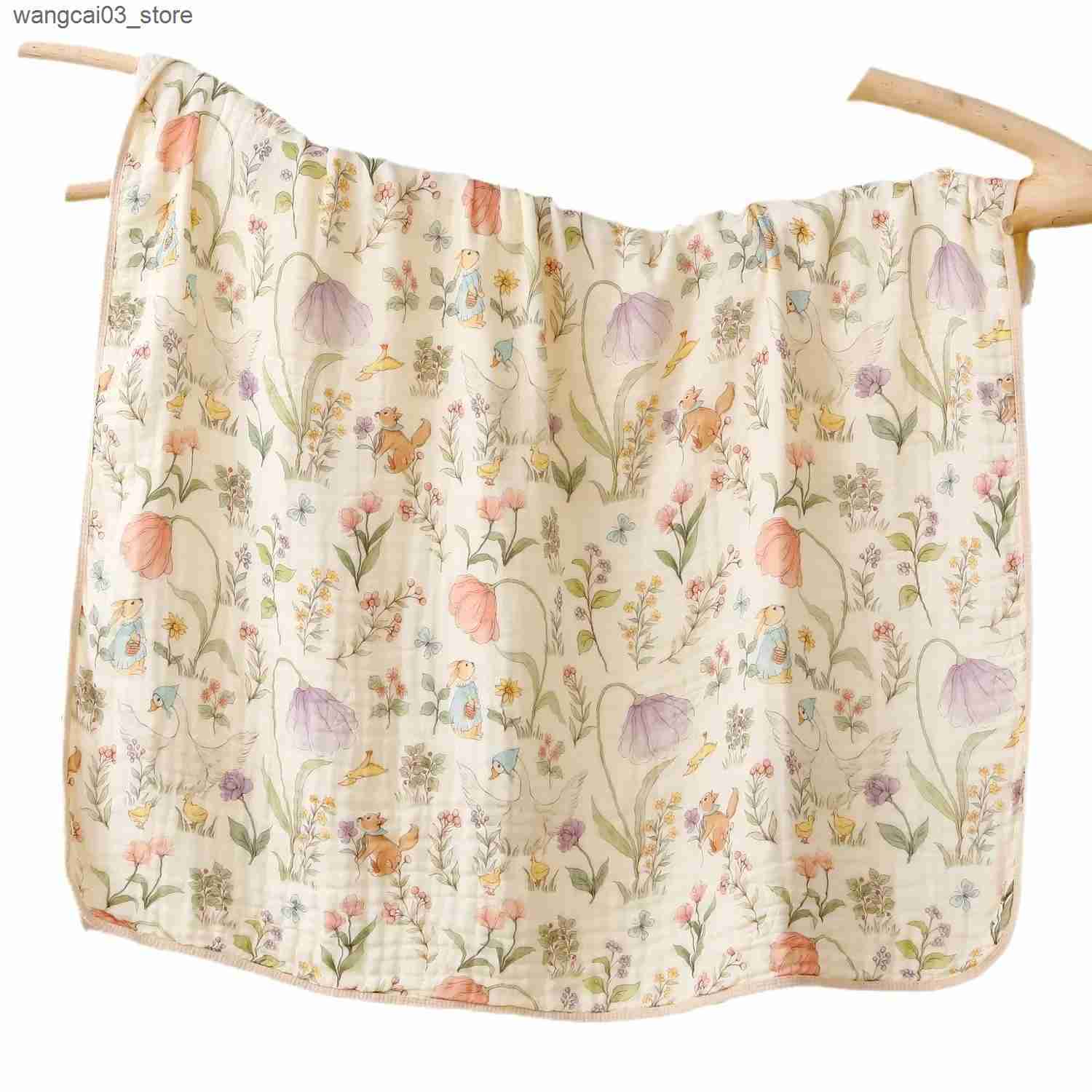 Blankets Swaddling Double Crepe Baby Newborn Muslin Cotton Gauze Quilt Print Swaddle Blanket Kids Bedding Stroller Cover L240910 L0910