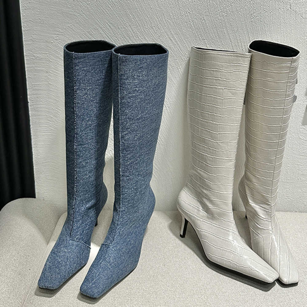 Four Seasons Wearable Martin Boots Crocodile Pattern Square Head High Heels Long Fashion Boots Solid Color Versatile High Heels Long Boots 240826