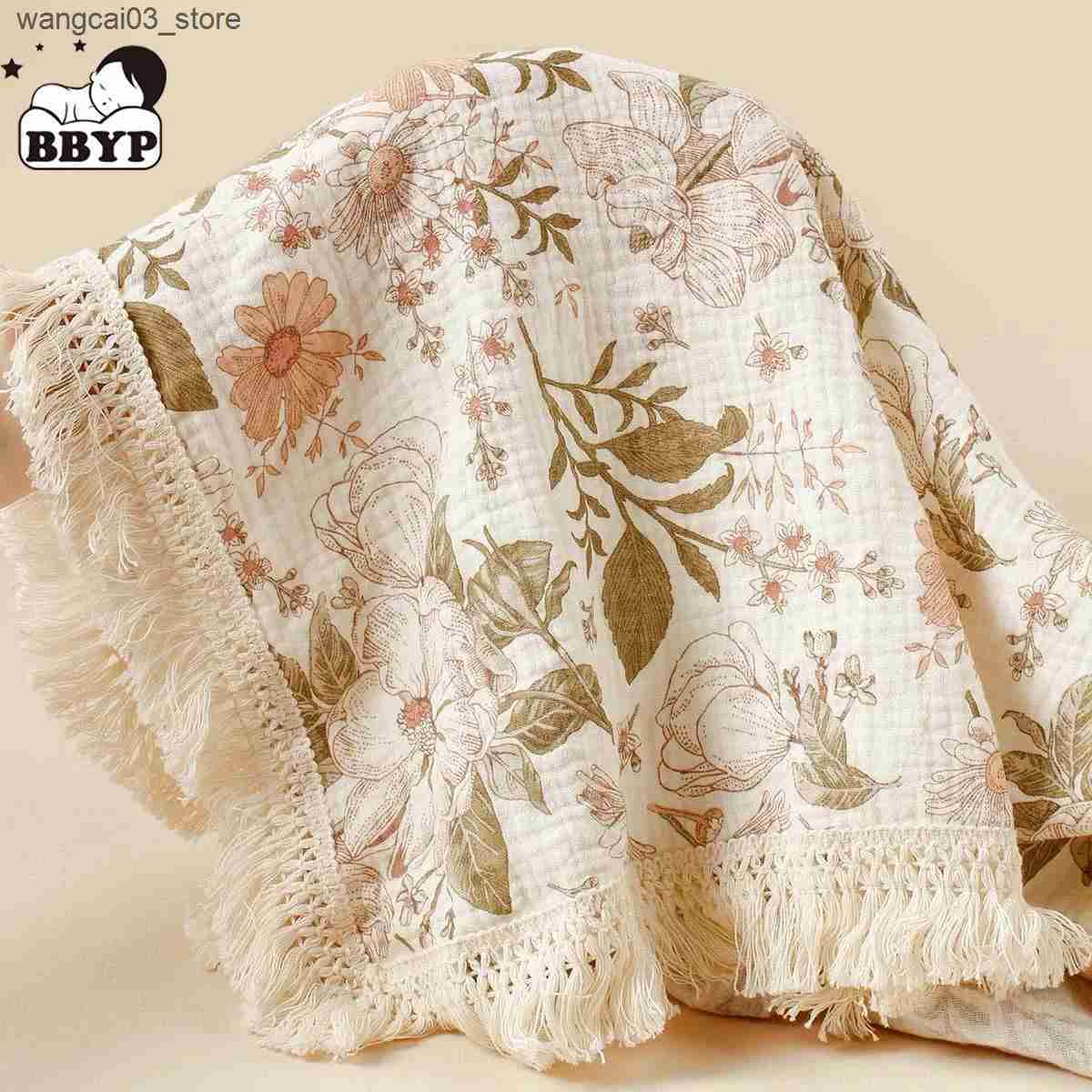 Blankets Swaddling Cotton Muslin Baby Blanket Double Layers Sunflower Gauze Newborn Tassel Swaddle Blanket Wrap Kids Nursery Quilt Bedding L240910