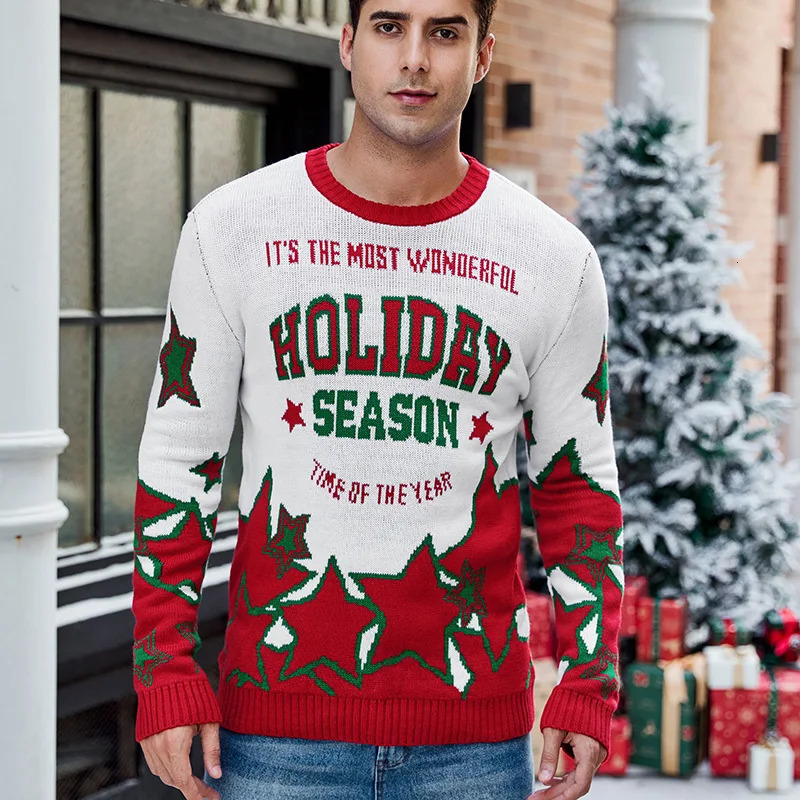 2024 Fall and Winter Alpaca Jacquard Long-sleeved Christmas Sweater Mens Casual Pullover Knitted Sweater 241009