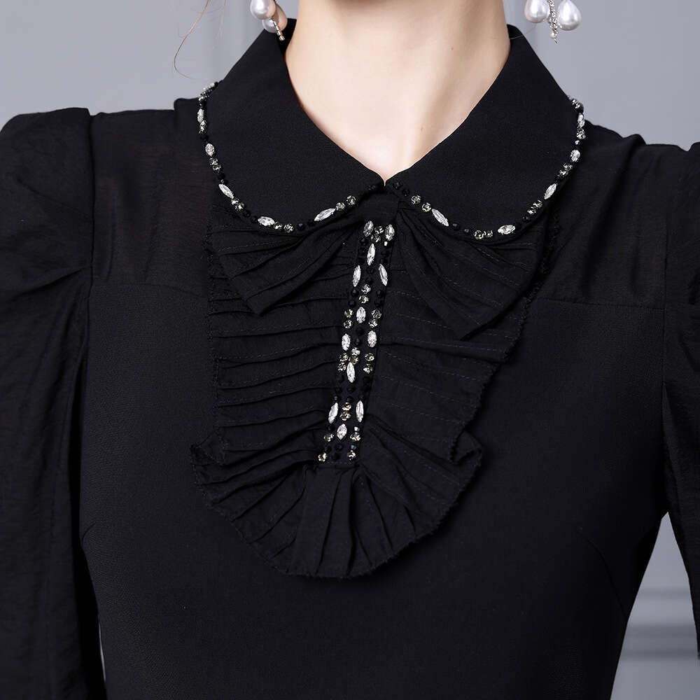 Smart and exquisite dress 2024 autumn new item black doll collar French elegant socialite A-line mid skirt