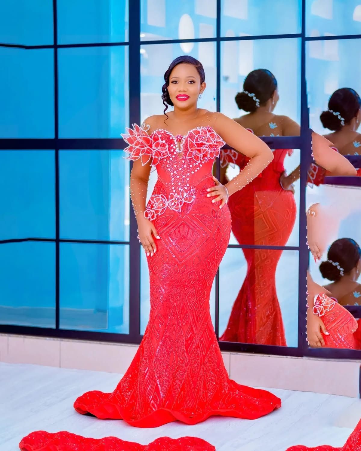 Aso Ebi 2024 Red Mermaid Prom Dresses Florals Rhinestones Sequined Lace Evening Formal Party Second Reception Birthday Gowns Dress For Special Occasio