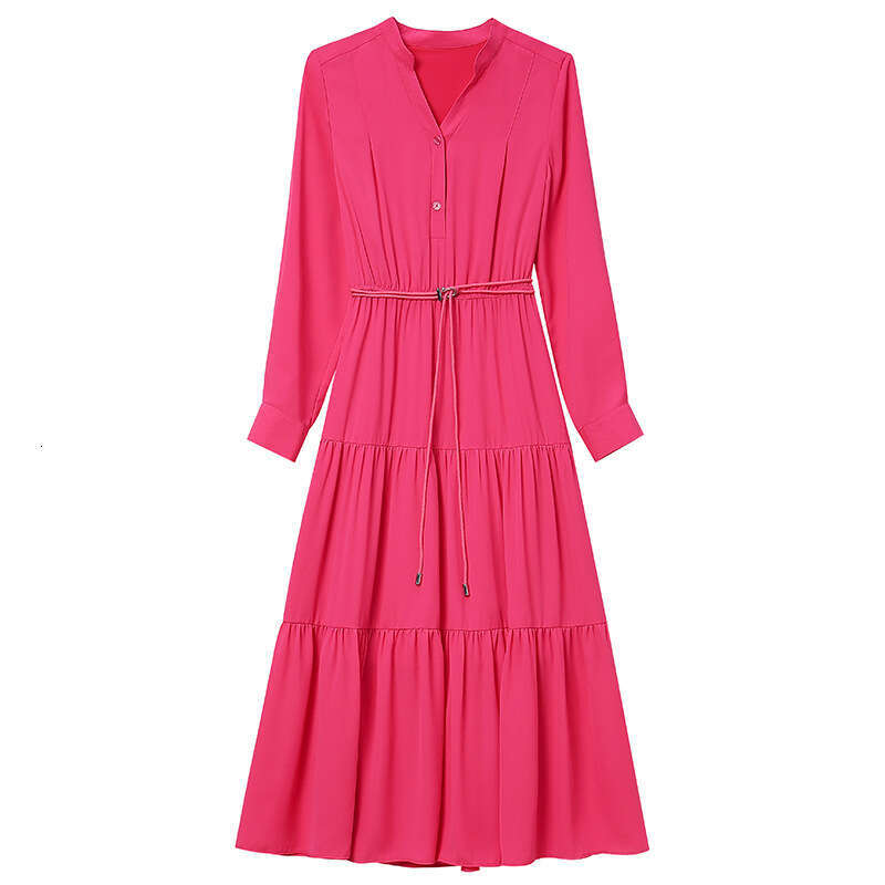 2024 autumn dress new gentle style long sleeved V-neck pleated lace up slimming mid length A-line skirt