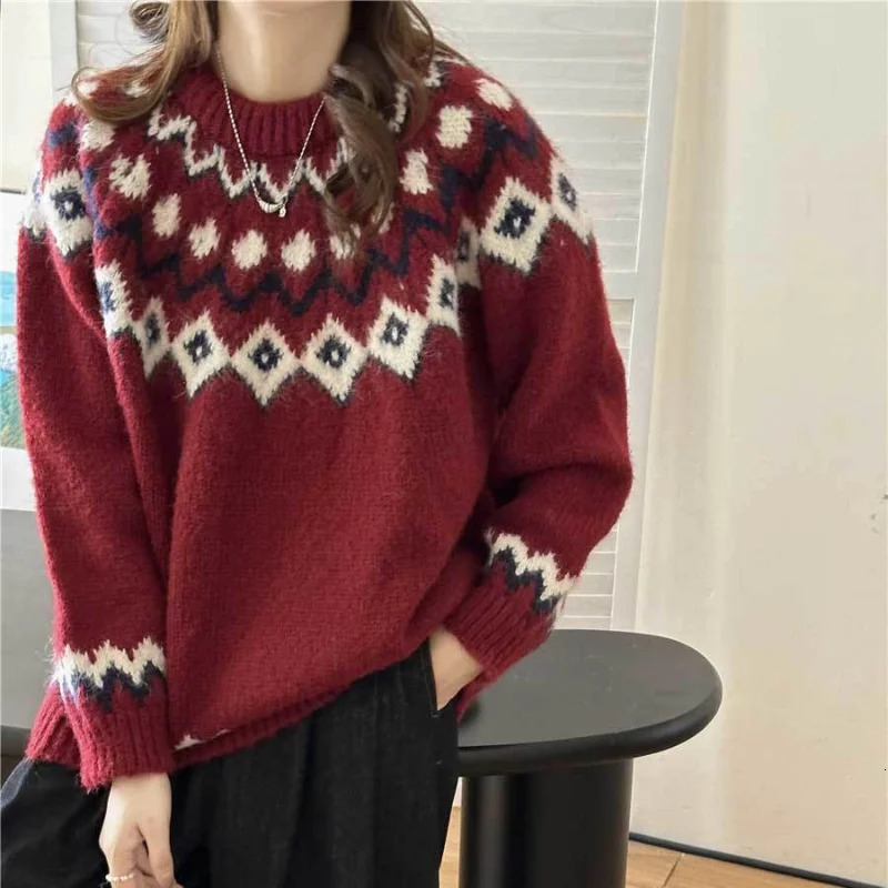 Deeptown Vintage Fair Isle Womens Sweater Korean Fashion Long Sleeve Knitted Zipper Loose Autumn Winter Preparatory Aguilar Parachute 241011