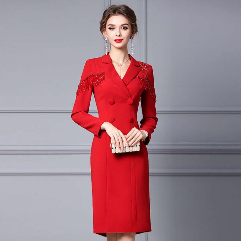 Red Dress Autumn 2024 New Style Suit Collar Handmade Nail Bead Formal Occasion Long Sleeve Hip Wrapping Skirt
