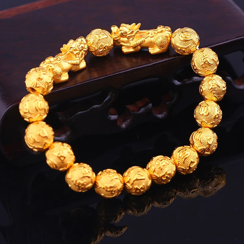 Fengshui Vietnam Shakin Pixiu Bracelet Natural Stone Gold Beads Carving Inscriptions Charm Lucky Wealth Bracelet Jewelry 241011