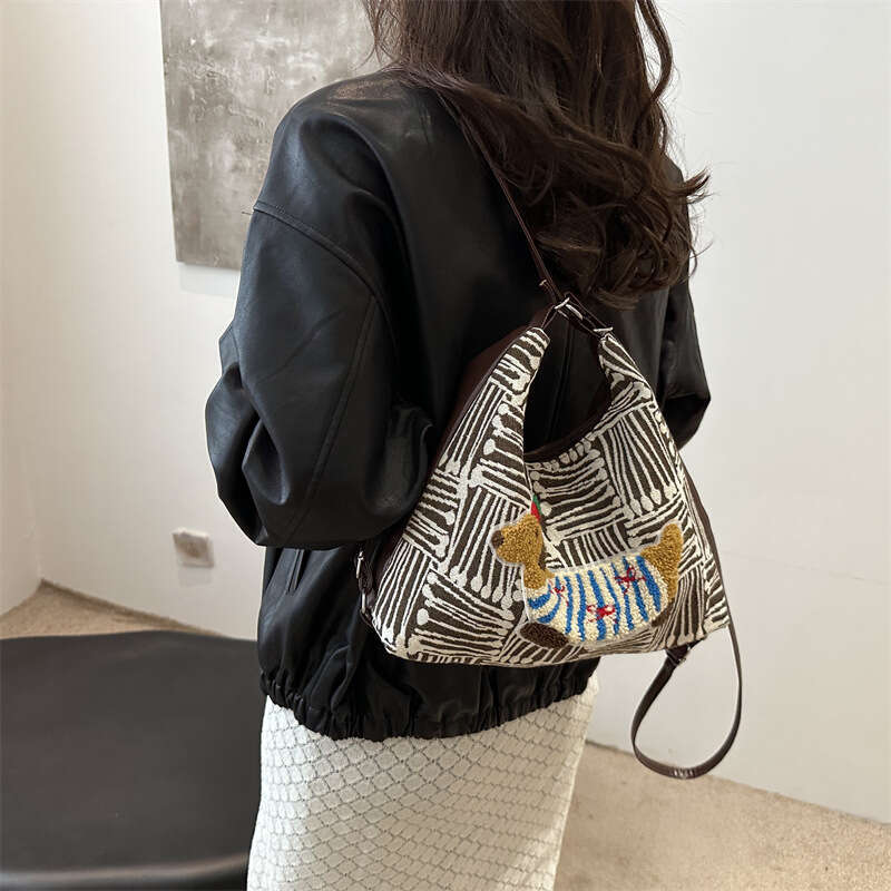 2024 autumn cute cartoon backpack with large capacity checkered canvas tote bag, single shoulder crossbody bag for women