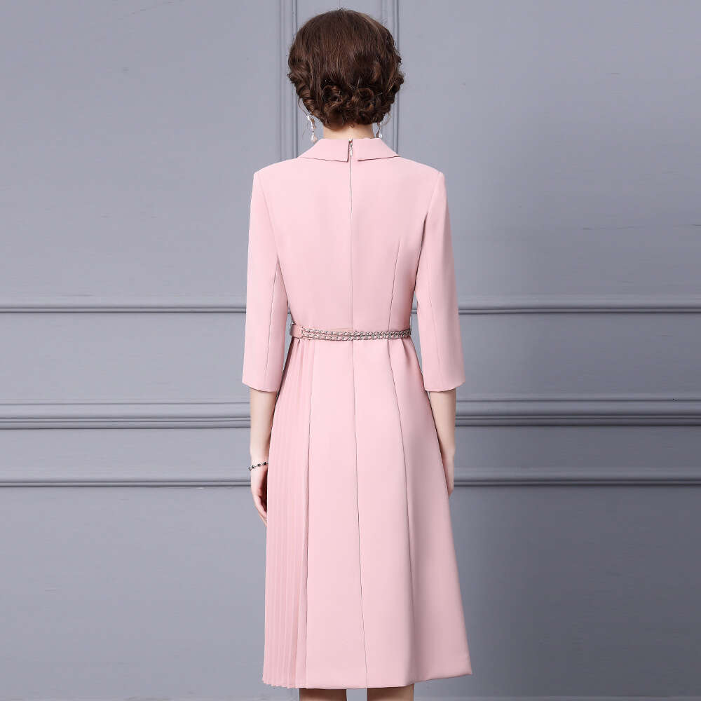 OL commuting temperament unique pleated A-line skirt belt suit collar dress autumn new womens clothing 2024