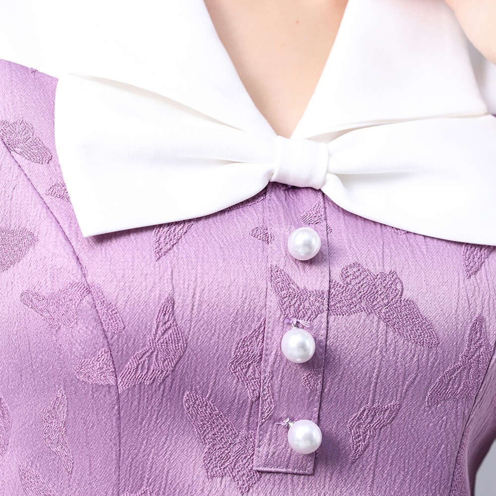 Smart and stylish ladies' style butterfly bow purple patchwork texture jacquard A-line dress 2024 new womens autumn