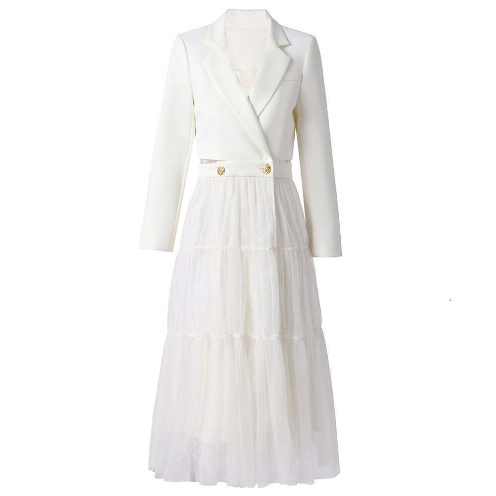 Mesh Splicing Suit Skirt 2024 New Black High Grade Waist Dress with Large Swing Elegant Goddess Style