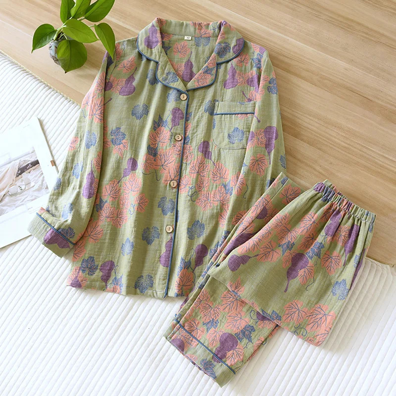 Japan SpringSummer Womens Pajama Set 100% Cotton Retro Long Sleeve Pants Two Piece Home Furniture 241011