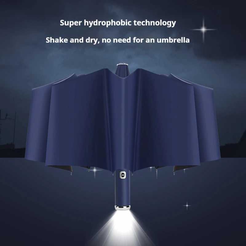 10 bone fully automatic three fold umbrella rotatable LED flashlight business wind resistant folding umbrella sunny umbrella C251117