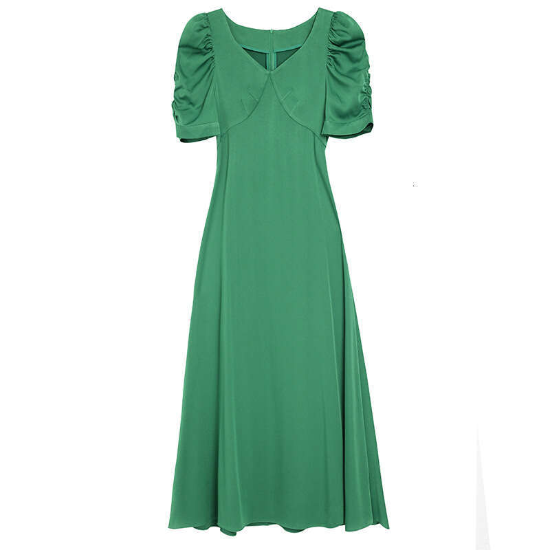 Cool High End Dress 2024 New Womens Summer Thin Style Bubble Sleeves V-neck Medium length A-line Skirt