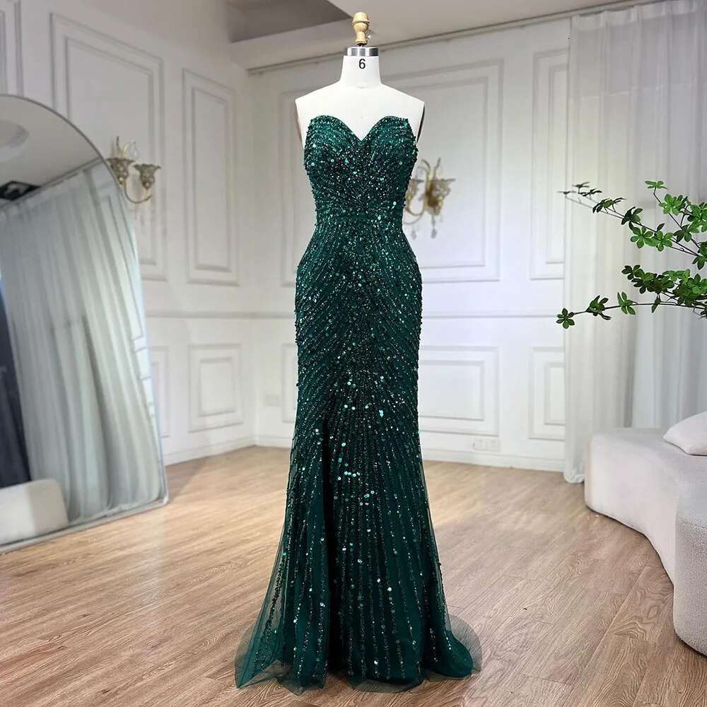 Wasisi Green Mermaid High Split Spaghetti Strap Evening Dresses Feather Beaded Gowns For Women Party ELA72238