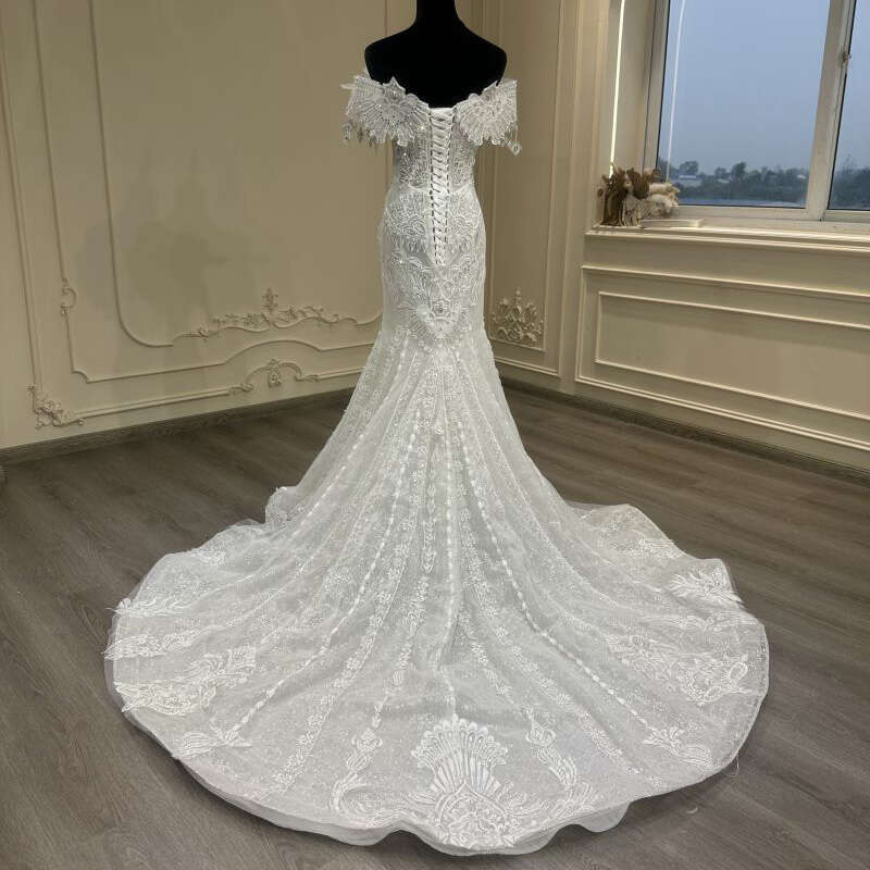 2024 new one-shoulder feather gorgeous heavy handmade beaded fish tail