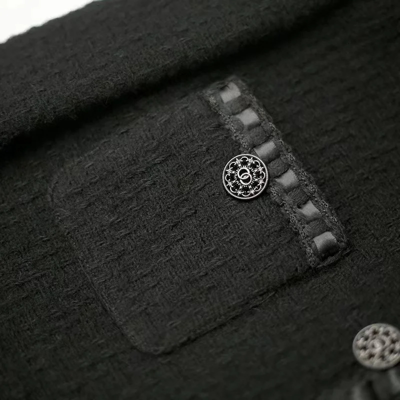 100% wool black tweed top AutumnWinter thickened warm short everything little fragrance jacket 241011