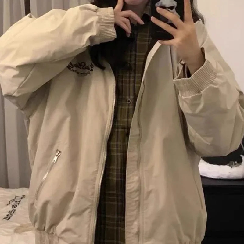 American retro cardigan jacket female autumn n feeling lazy wind baseball uniform loose casual niche couple top 241011