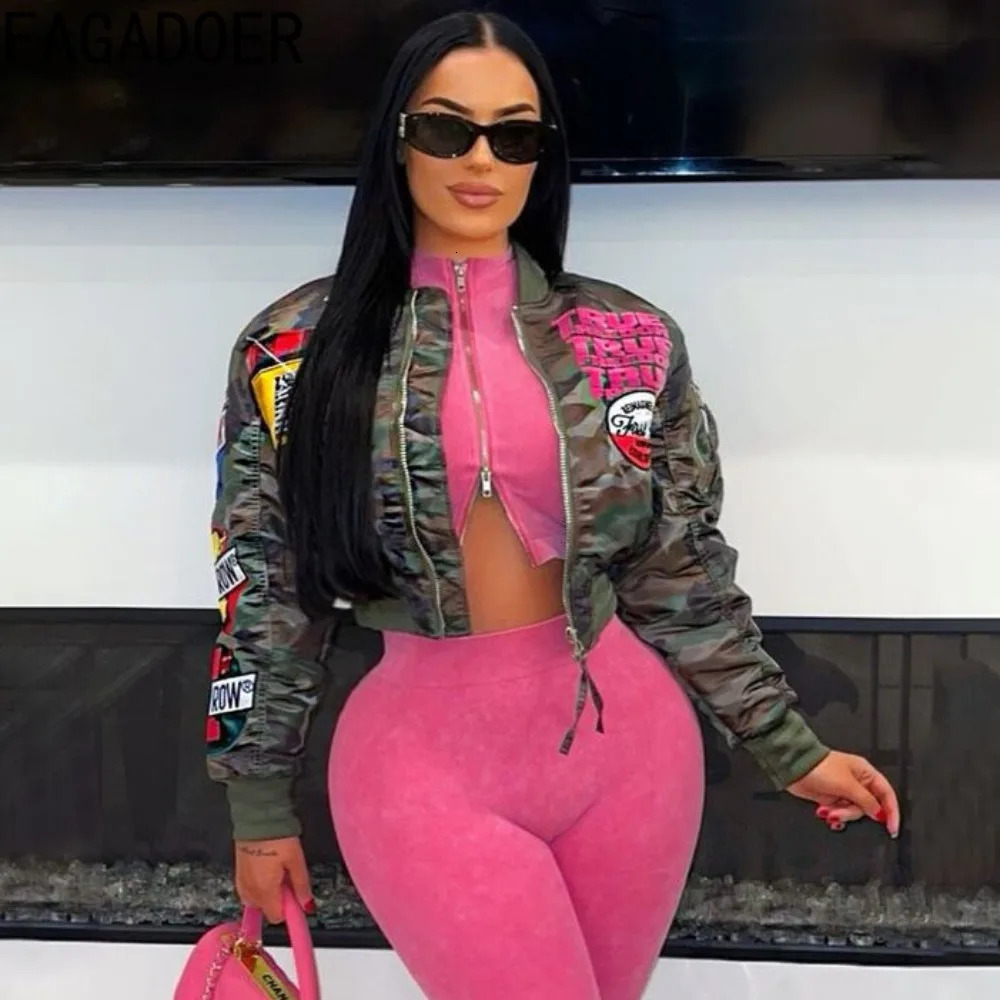 FAGADOER Autumn Camouflage Baseball Bomber Jackets Women Y2k Pattern Print Street Outwear Zip Moto Coat Girl Clothing 241011