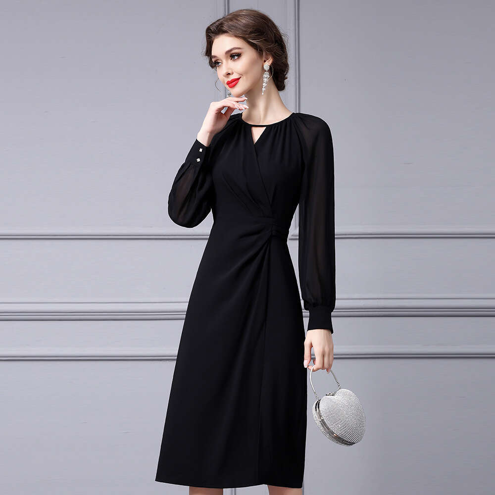 black niche design pleated waist slimming long sleeved chic slit dress 2024 autumn new item