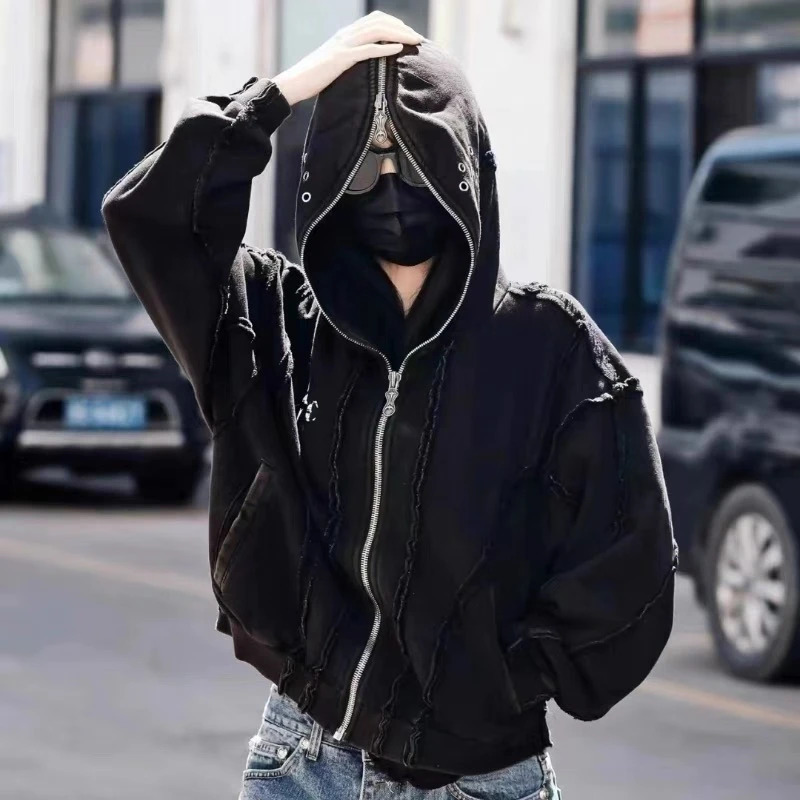 Y2K THUG CLUB VIBE Wash Wax Dyed Zipper Shark Masked Hoodie Short hoodie Mens Fashion Casual Loose Top High Street Korean Style 241011