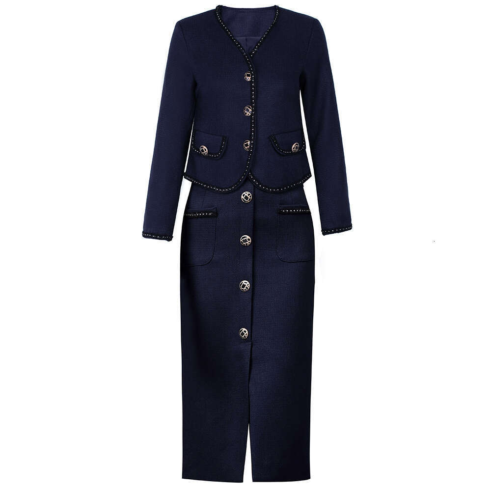 high-end temperament woven ribbon lace V-neck short top jacket with split half body hip hugging skirt two-piece set for autumn