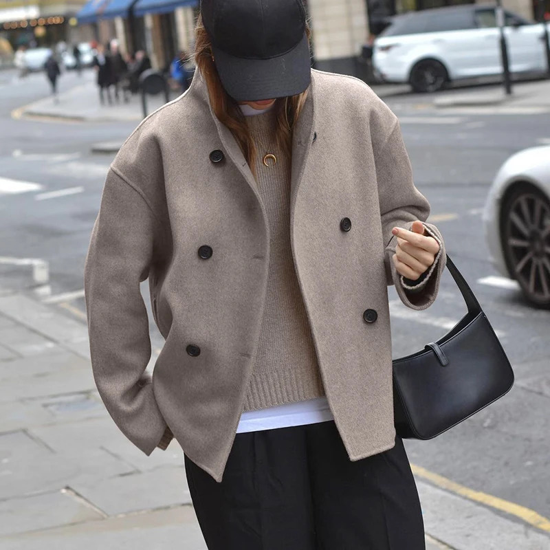 Women Fashion Long Sleeved Solid Outwear Ladies Stand Collar Double Breasted High Street Coat Autumn Casual Slim Wool Jacket 240930