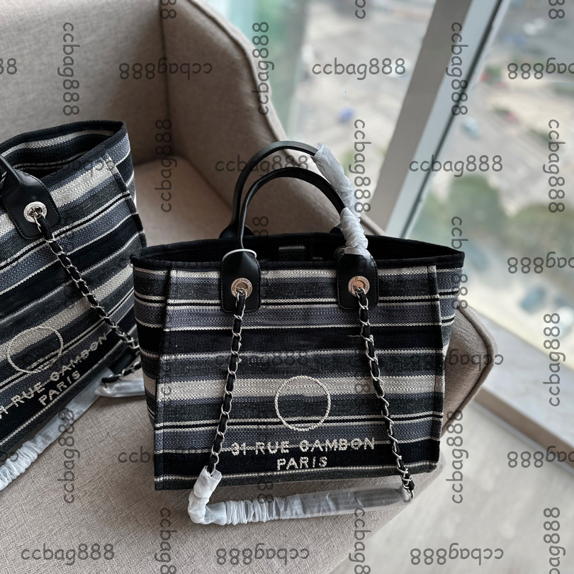 French Women Denim Canvas Stripe Beach Deauville Chain Bag Top Handle Totes Silver Metal Hardware Shoulder Handbags Large Capacity Shopping Pocket 33X25CM 38X30CM