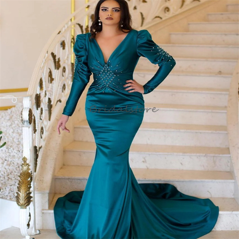 Vintage Teal Blue Mermaid Prom Dresses With Beaded V Neck Elegant Long Sleeve Evening Gowns Backless Sweep Train Satin Night Formal Party Dress Vestio