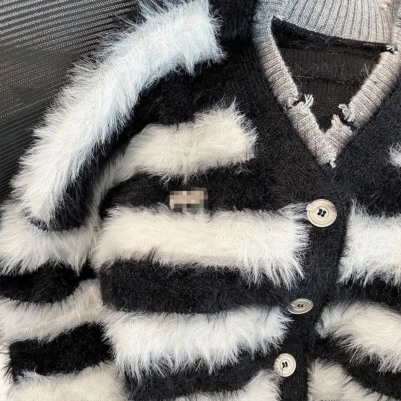 Sweater Cardigans Mink Wool Striped Woman Top Autumn Winter Knitted Korean Oversize Long Sleeve Elegance Sweet OL Casual 241007