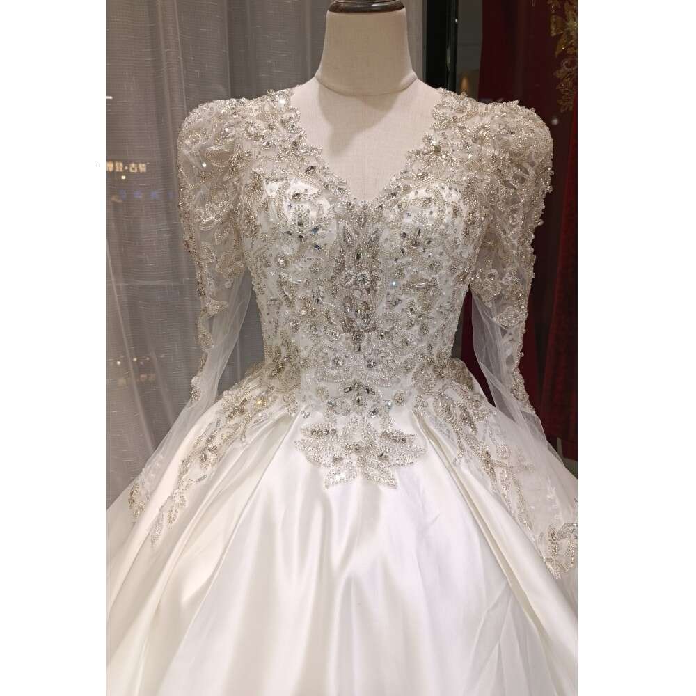 Green Collection New Design custom made V NECK LONG SLEEVES SATIN Bridal dresses