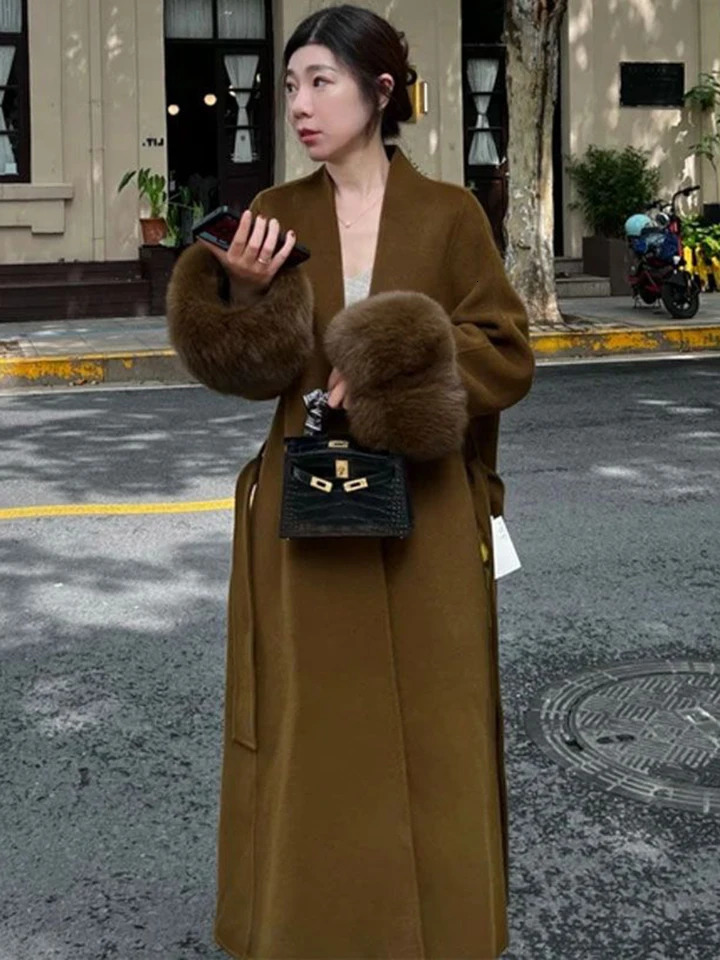 2024 Vintage Wool Blend Coat With Belt Long Womens Elegant Warm Winter Clothes Fashion Outerwear Trench 241008