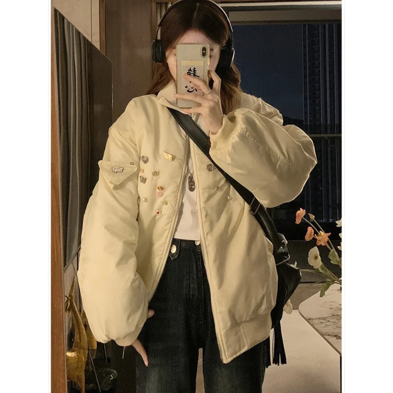Beige womens clothing jacket top and bottom jacket fashionable streetwear Y2K style American high school winter womens jacket 241009